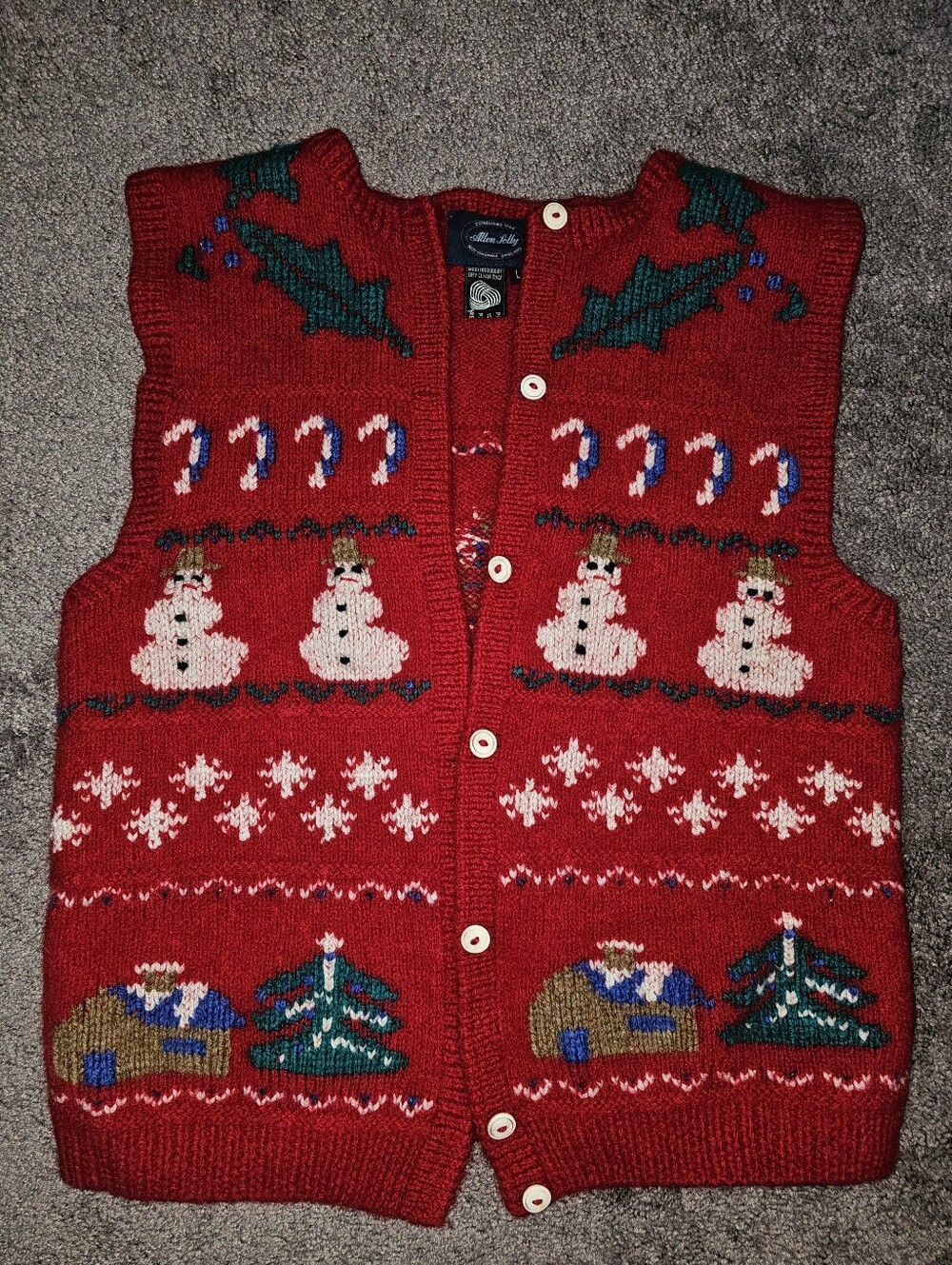Vintage 90s Allen Solly Pure Wool Holiday Sweater Vest Snowmen Cabin Unisex